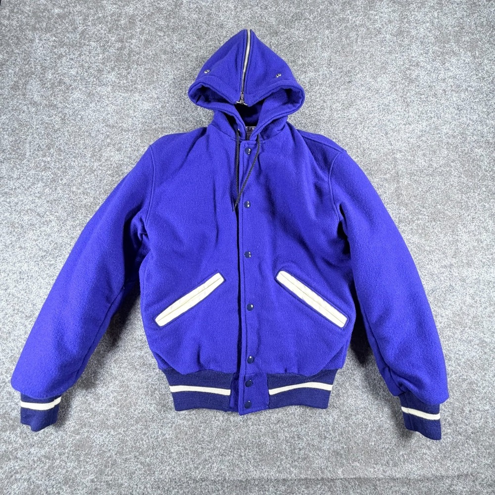DeLong Varsity Letterman Jacket Mens S Blue Snap Front St.‎ Mary's Wool Hooded